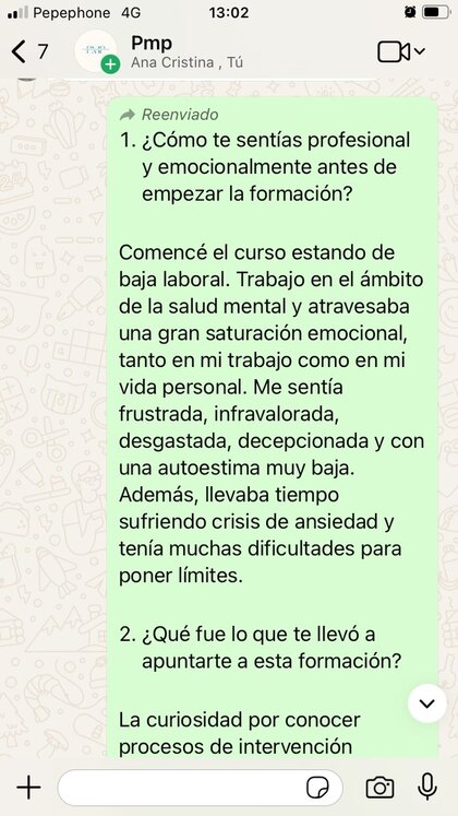 Conversación de WhatsApp con Ana Cristina sobre la formación