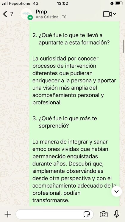 Conversación de WhatsApp con Ana Cristina sobre la formación
